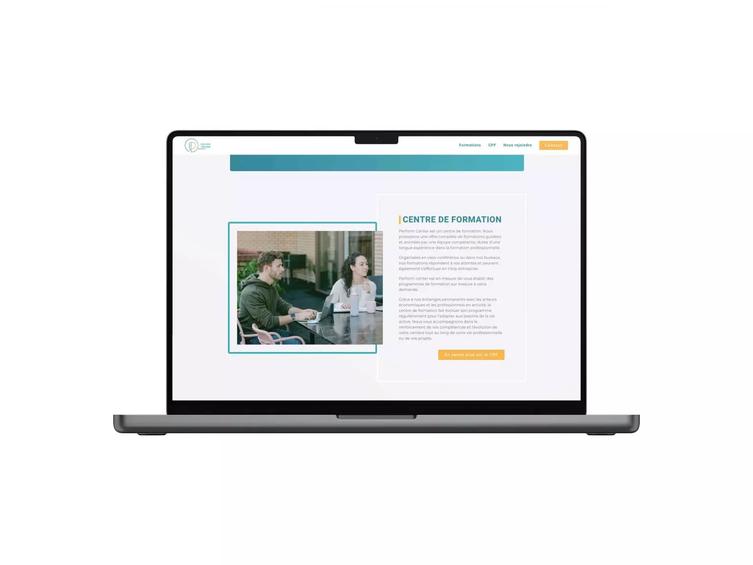Mockup du rendu sur ordinateur du site web Perform Center
